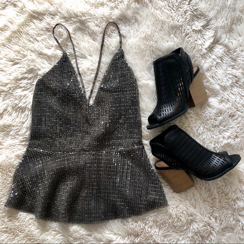 Express peplum taupe sequin tank top